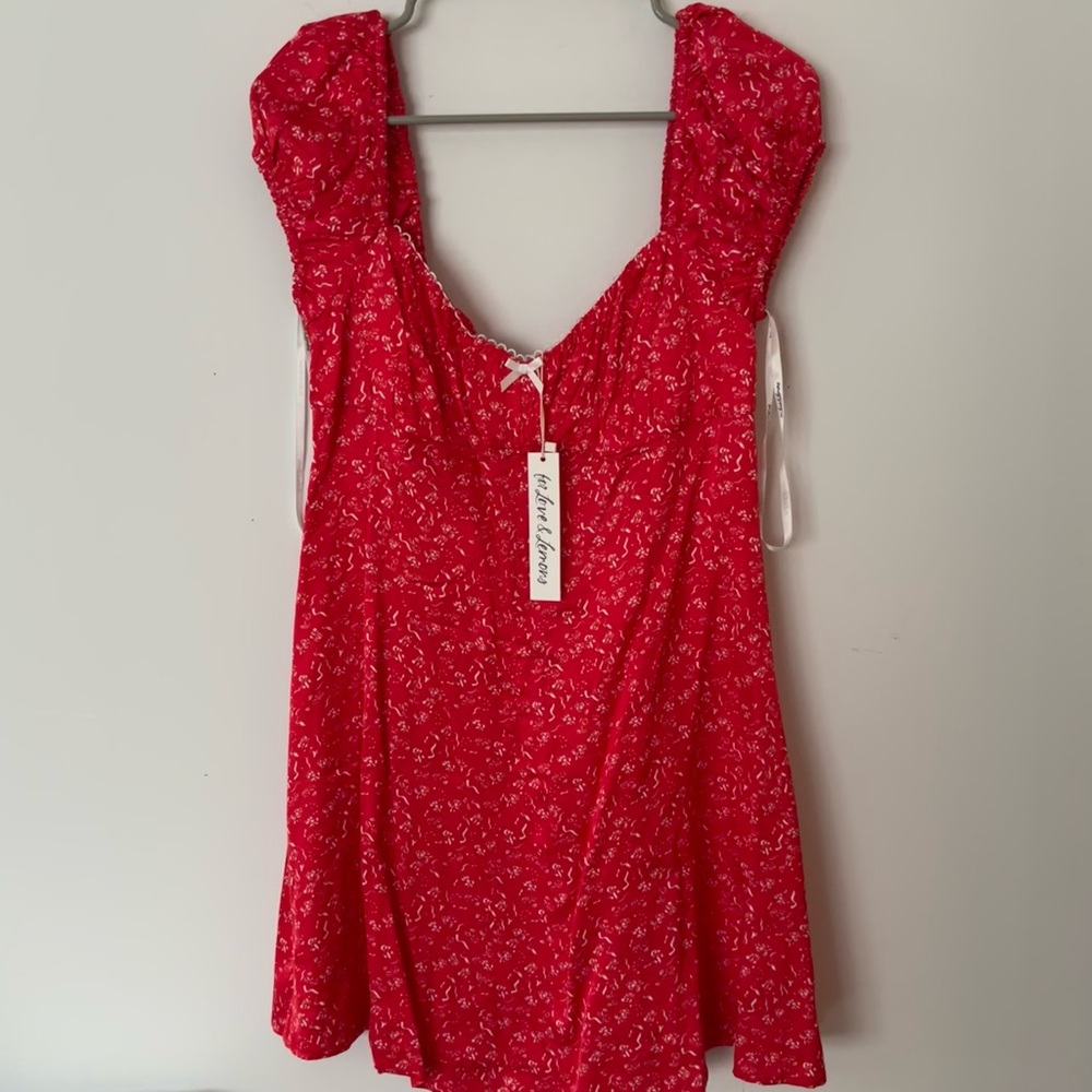 brand new! for love & lemons cherry red & white floral bow puff sleeve dress❣️